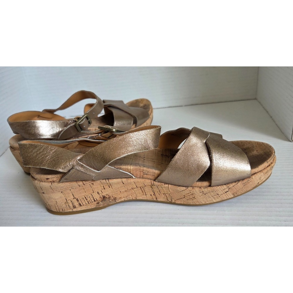 Kork-Ease Myrna 2.0 Low Wedge Platform Cork Leather Sandals Metallic Gold 8M